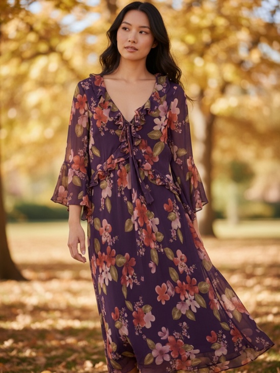 Adrianna Papell Dresses & Skirts - Adrianna Papell Sz 16 XL Midi Dress Floral 100% SILK Maroon Party Holiday